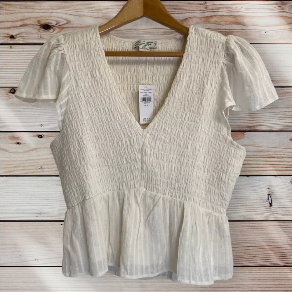 NEW American Eagle Top Size Large Cream Smocked Ruffled Waist